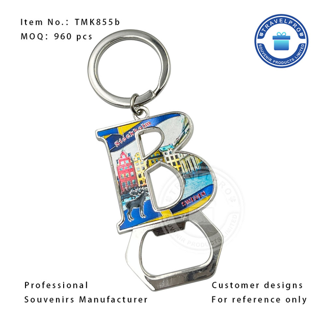 Sweden Metal Customized Souvenir Alphabet Keychain for Tourist with Opener
