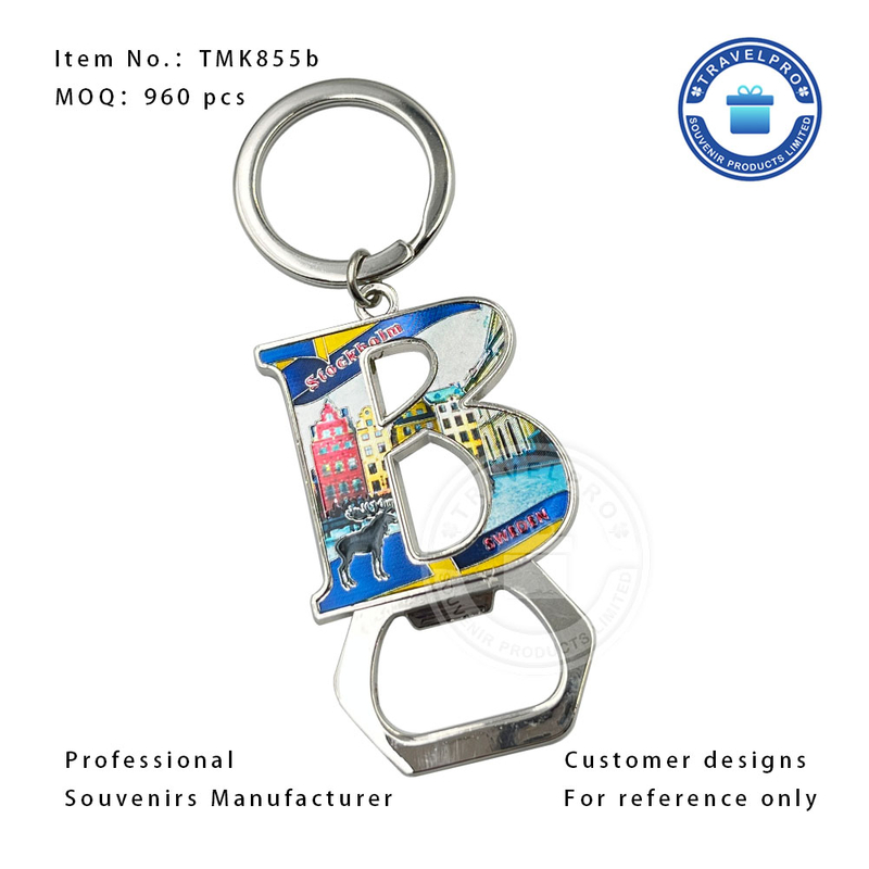 Sweden Metal Customized Souvenir Alphabet Keychain for Tourist with Opener