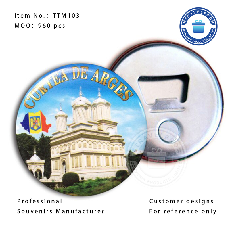 Souvenir Round Shape Tin Photo Magnet with Bottle Opener 