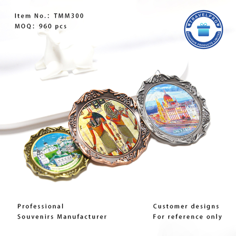 Custom Souvenir Plates Round Hanging Plate Decorative Engraved Antique Metal Plate with Hook Souvenir Fridge Magnets