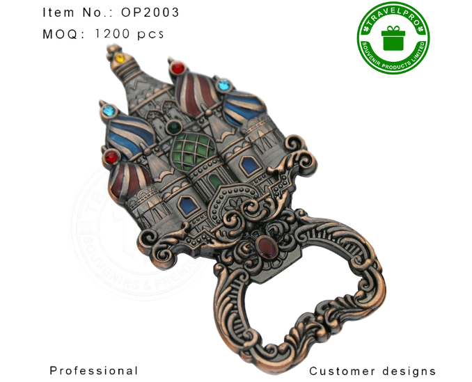 alt：Custom souvenir bottle openers with city landmarks and cultural designs, perfect travel keepsakes for tourists.
