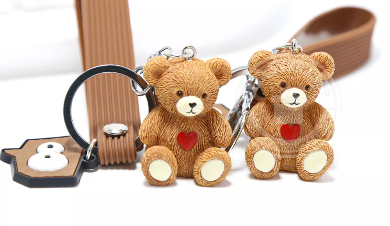 Cute teddy bear keychain set with red hearts and brown straps