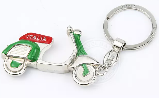 Italy scooter-shaped keychain with red, white, and green colors